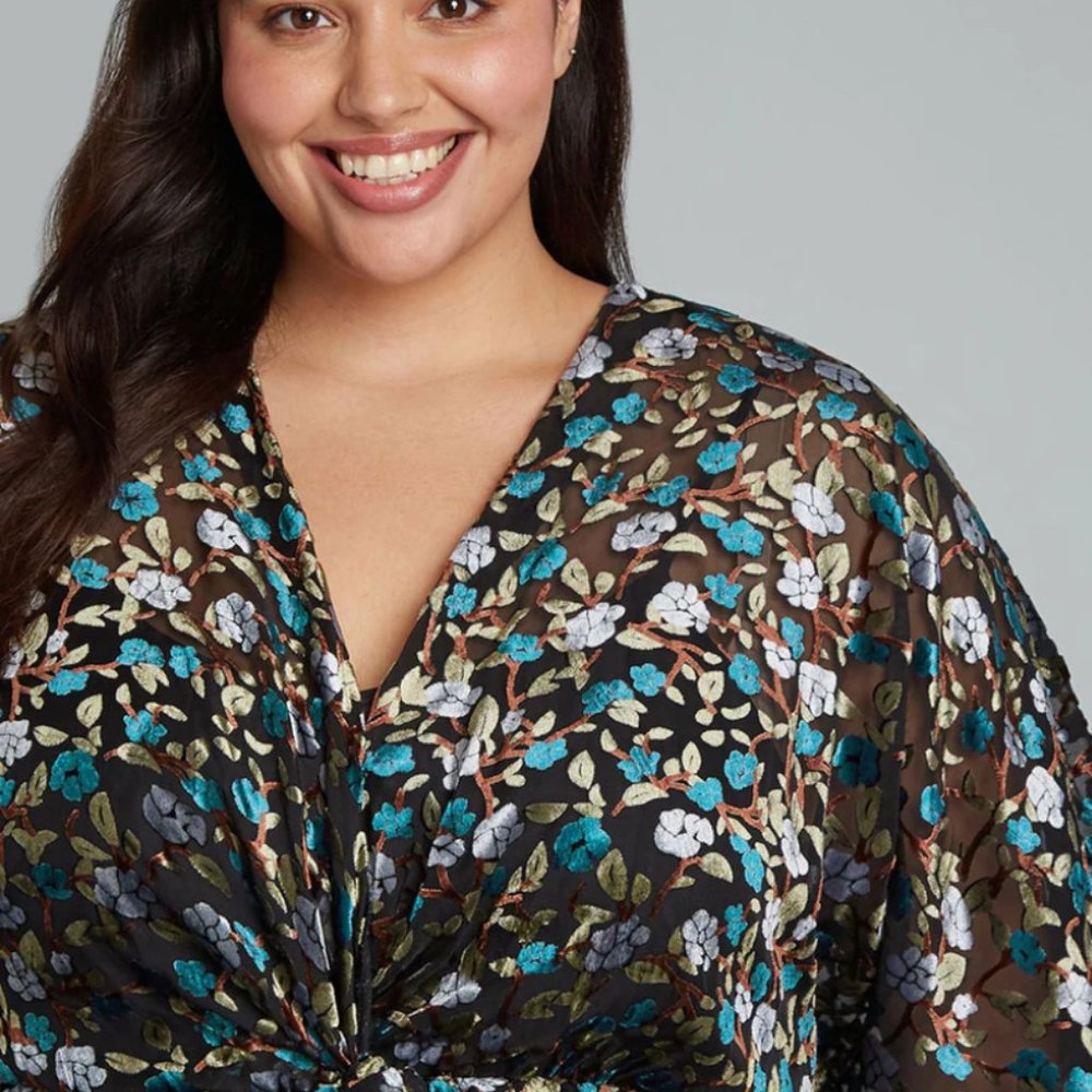 Modcloth Black Floral Midi Dress with Teal & White Accents